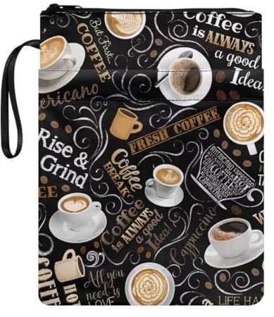 Wanyint Buchhülle, waschbar, Buchtasche mit glattem Reißverschluss, Buchumschläge für Taschenbücher, 29,6 x 22,6 cm, Kaffee-Druck, Schwarz