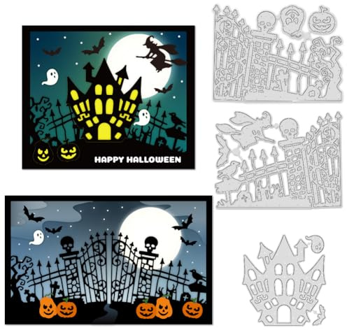INFUNLY Halloween Stanzformen Zum Basteln von Karten Geisterhauszaun Stanzformen 3 Stil Hintergrund Haus Metall Gestanzte Grab Prägeschablone Vorlage Für DIY Scrapbooking Fotoalbum Basteldekor
