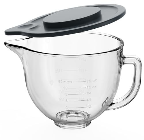 Glasschüssel kompatibel mit KitchenAid 4,5–5 QT Kippkopf-Standmixern, Glas-Rührschüssel Ersatz mit Messmarkierungen und Ausgießer für Küchenhelfer, Mixer-Zubehör, mikrowellen- und gefriergeeignet