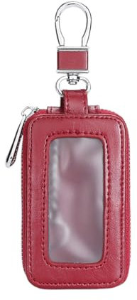 Custodia in Pelle per Chiave dell'auto, Portachiavi in Pelle, con Gancio in Metallo e Cerniera, con Finestra Trasparente, Rosso