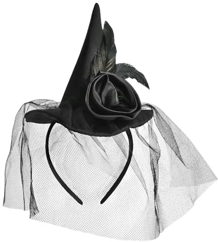 TAXTYHRE Hexenhut Haarreif, Hexenhut Stirnband, Hexenhut Haarreif Damen, Hexen Haarreif, Hexen Kopfschmuck Damen, Mit Schleier, Federn, Schleife, Geeignet für Karneval, Maskeraden und Mottopartys