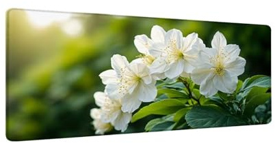 Tapis de Souris 1200x600x3mm Grand Tapis Souris XXL, Fleurs Blanches Tapis de Souris Bureau, à Bords Cousus, Base en Caoutchouc Antidérapante, sous Main pour Clavier et Souris, Decoration Maison W-7