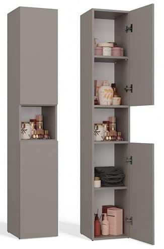 BDW - Badezimmer Schrank Hochschrank - Hoher Badschrank 174 x 31 x 30 cm - Mit Türen und offenem Fachboden, Türöffnungsseite wählbar - Grau