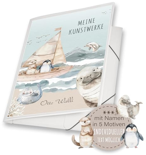 Zeichenmappe A4 oder A3 Blau Schule Kindergarten Mappe personalisiert Namen Oversea Otter Pinguin Robbe Walross - Kunstwerke Erinnerungsmappe Sammelmappe Junge Mädchen