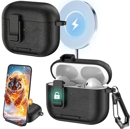 Ysnzaq Coque pour AirPods Pro 2 avec Support de Téléphone et Clip de Verrouillage de sécurité, Case Boîtier Simili Cuir avec Mousqueton Housse pour AirPods Pro 2 Génération-PWZ Black