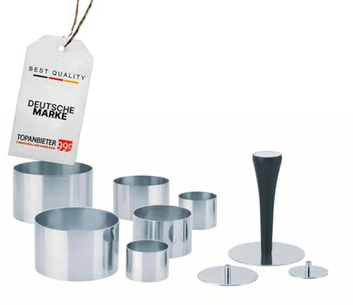 TOPANBIETER 999 Juego de 10 anillos de postre de acero inoxidable de alta calidad, profesionales, diámetro de 4/6/8 cm, con prensa y asa, anillos para cocinar, anillos para entrantes, postres y