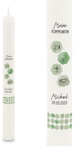GRAVURZEILE Bedruckte Stabkerze - Watercolor - Personalisiert mit Name & Datum - Geschenk zur Taufe, Kommunion oder Konfirmation - Für Jungen & Mädchen - Altarkerze 400/40 mm - Grün
