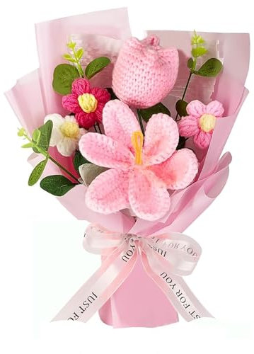 Crochet Flowers Bouquet Knitted Artificial Tulip Flower Bouquet for Anniversary Graduation Home Decoration