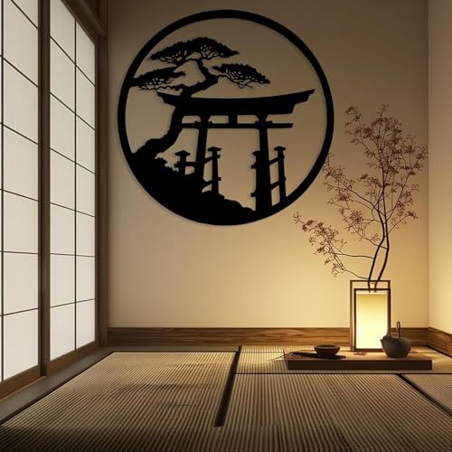 Metal Japanese Wall Art Torii Gate Wall Decor Japanese Torii Gate Decor Cherry Blossom Art Asian Shinto Landscape Decorations for Home Living Room Outdoor (Black, 23.6x23.6 inch/60x60 cm, Metal)