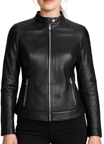 Leatherick Chaqueta Premium de Piel de Cordero Negra Lisa con Diseño Texturizado Grabado a Láser para Mujer con Cierre de Cremallera Frontal (FR/ES, Letras, M, Regular, Regular, Negro (Liso))