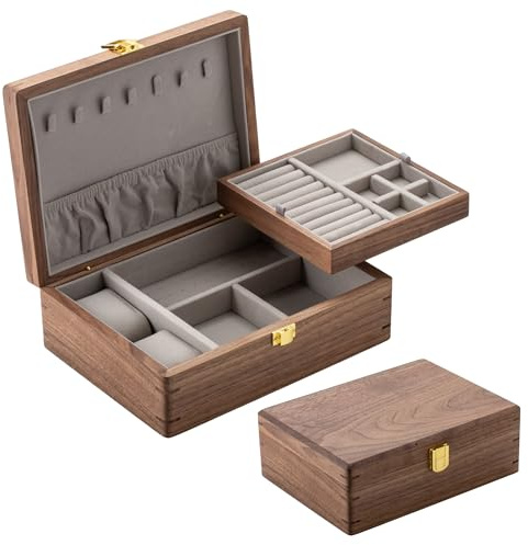 muso wood Boîte à bijoux en bois de noyer véritable, 2 niveaux, boîte à bijoux de luxe pour colliers, bracelets, boucles d'oreilles, bagues, montres, avec fermoir en métal