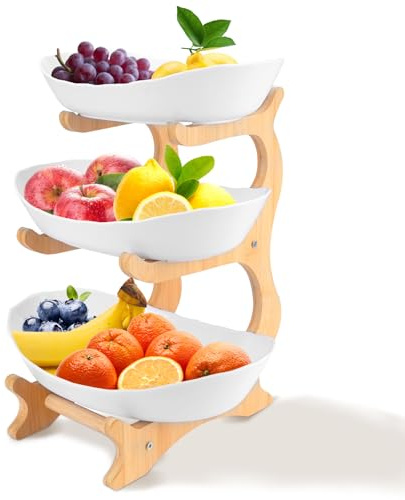 RETON Obstkorb Etagere 3 Stöckig, Weiße Obstschale, Obstkorb Obstetagere, Plastik-Fruchtkorb-Gestell mit Bambusholz-Ständer für obst aufbewahrung, Salate, Snacks, und Desserts (3 Stöckig)