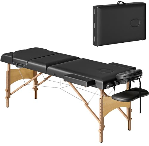 HOMCOM Massagetisch faltbar tragbar Holz 215x60x62-89cm Schwarz | Professionelle Schönheitsliege, höhenverstellbar, Kopfloch, Tragetasche