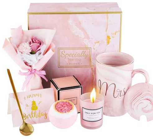 Geburtstagsgeschenk für Frauen – Rosa Geschenkbox Set mit Tasse, Kerze & Badebombe | Happy Birthday Geschenkidee für Freundin, Mutter, Schwester,Tochter, Kollegin