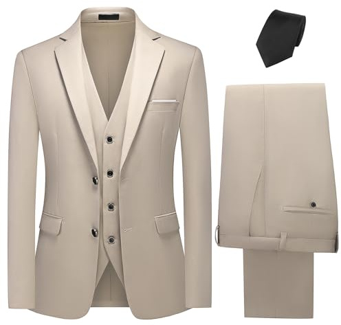 KUDMOL Mens Suits 3 Piece Classical Two Buttons Business Suit Blazer Waistcoat Trousers Set with Black Tie（Champagne,L）