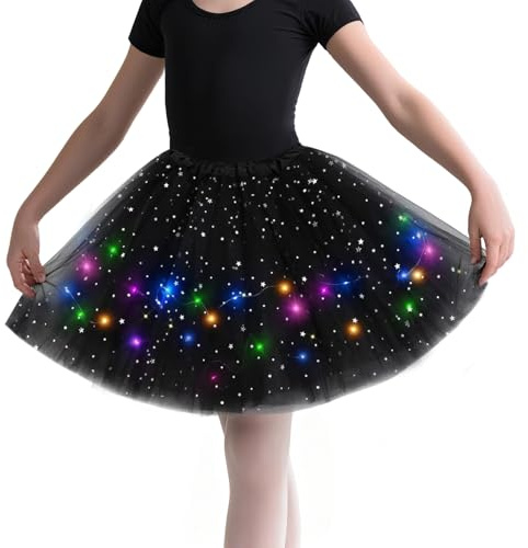 KATELUO Lumineuse Jupe Tutu LED pour Fille, LED Jupe en Tulle Taille Élastique pour Filles, Danse de Ballet Jupe Tutu en Tulle en Maille Robe de Danse pour Halloween, Carnaval, Ballet, Cosplay