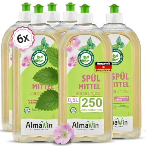 AlmaWin® Spülmittel Öko [6x 500ml] mit Wildrose & Melisse-Duft - Kraftvolles Geschirrspülmittel flüssig mit hoher Fettlösekraft - Vegan Dish Soap - Biologisch abbaubares & ergiebiges Konzentrat