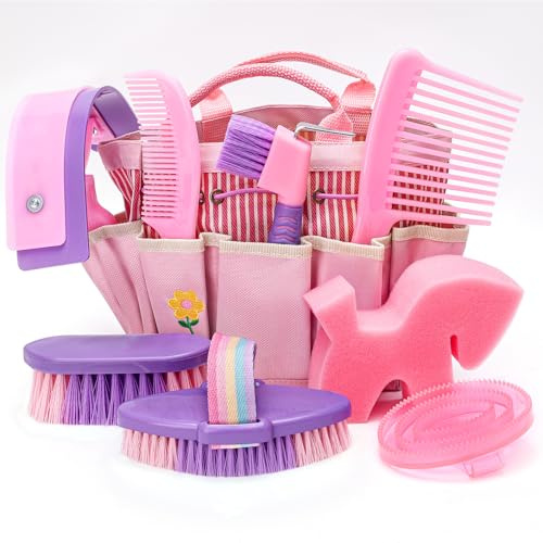GHWMYD Spazzole da doccia per cavalli, scatola di pulizia con 9 pezzi, accessori per spazzole per cavalli, spazzole morbide e dure, coltello per saldatura, raschietto, pettine per capelli, spazzola