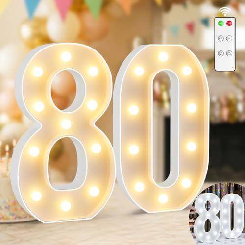 Ledido 12.6 Inch Large Light Up Number 80 for 80th Birthday Decoration | Warm White & Cool White Light Up Number with Remote for Party Wedding Anniversary, 80th Birthday Decoration for Women Men