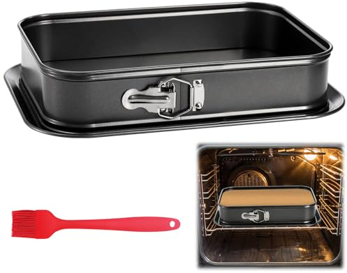 Tefola Molde para tartas, antiadherente, rectangular, desmontable, 33 x 23 cm, acero al carbono, con parte inferior extraíble y cepillo de silicona, bandeja para brownie de tarta de queso para hornear