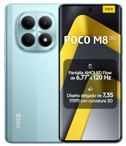 XIAOMI POCO M8 5G, Smartphone 8+256GB, Display AMOLED FIoW 6,77 120Hz, Snapdragon® 6 Gen 3, Doppia fotocamera AI 50MP, Design curvo 3D da 7,35 mm, Verde, Garanzia 2 anni, Caricatore non incluso