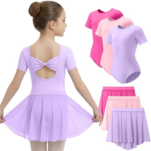 LessonZoo 3 Pack Ballet Leotards for Girls Short Sleeve Dance Dress with Removable Skirt Toddler Ballet Outfit with Bow Back(Rose Red, Light Purple, Light Pink,6-8 Years)