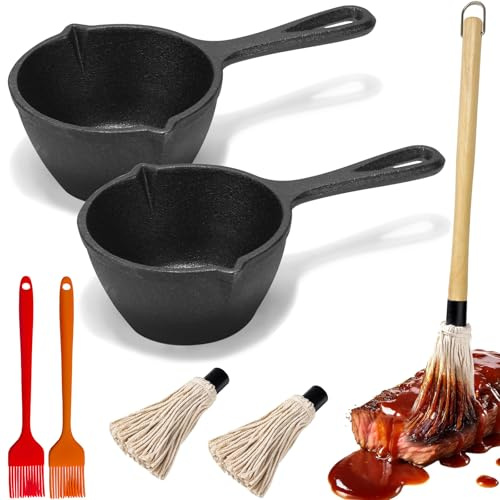 Cast Iron Saucepan, BBQ Mop Brush Set for Grilling BBQ Basting Set with Mini Cast Iron Sauce Pot and Brush Barbecue Accessories