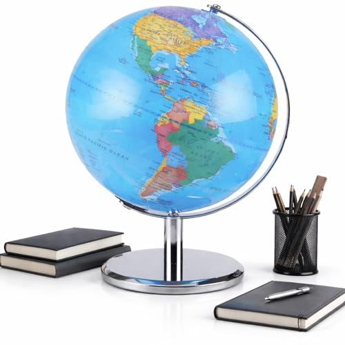 LED Illuminated World Globe with Chrome Rotating Stand – Desk Display Globe with Lighted Map, Metal Base, Plug-In Power