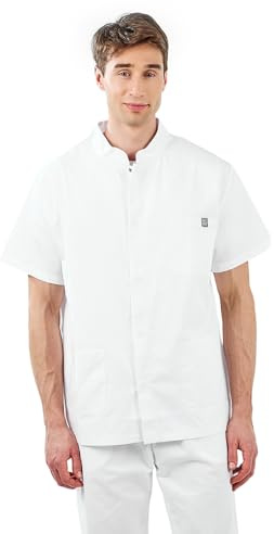 MYLOOKPRO - Tunique Professionnelle Homme Blanche – Blouse Médicale Manches Courtes Polycoton – Col Officier Boutons Pression – 3 Poches – Tenue Infirmier, Laboratoire, Esthétique