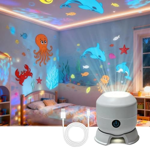 FiTspi - Lámpara Proyector LED Giratoria Dinámica, Luz de Proyección Rotativa Colorida Océano, Luz Nocturna Recargable USB para Dormitorio, Cine en Casa, Fiesta, Decoración de Navidad