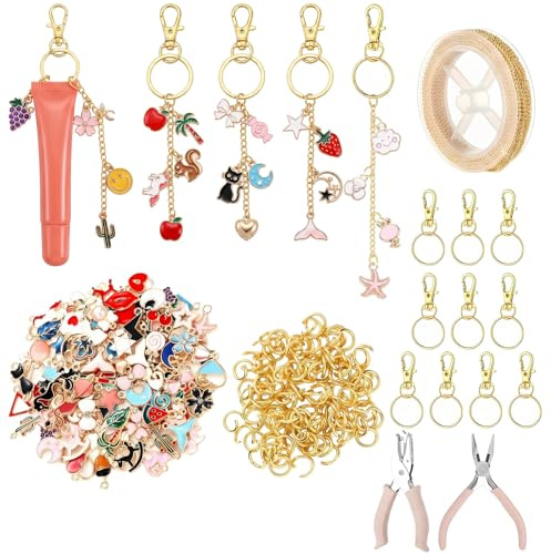 Xgvzs Schlüsselanhänger Selber Machen Set Diy Schmuck Set Mit 213 Teilen Lipgloss Hänger Für Autoschlüssel Keychain Bastelzubehör Für Geschenkideen Handarbeit Individuelle Taschenanhänger Gestalten