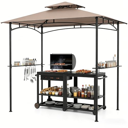 KOMFOTTEU Abri Barbecue à Double Toit, Tonnelle de Jardin Exterieur pour Grill avec 2 Étagères et 7 Crochets, Tonnelle de Barbecue pour Camping, Pique-niques, Fête, BBQ, 240 x 151 x 255 cm (Café)