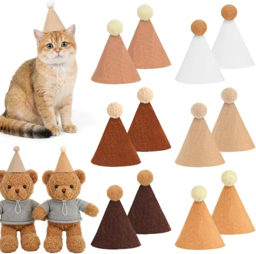 Giyehehi 12 Mini Sombreros de Fiesta con Pompones, Sombreros de Fieltro Ajustables para Peluches, Mini Sombreros de cumpleaños de Fieltro marrón Estilo Bohemio para muñecas, Perros, Gatos y