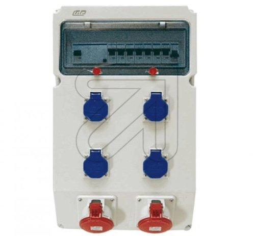 Kuststoff Wandverteiler mit Schutzkontaktsteckdosen 230V/16A mit Klappdeckel, CEE-Steckdosen 5x16A 6h Absicherung: 2 St. Automaten 1xB16A 2 St. Automaten 3xC16A 1 St. FI-Schutzschalter 4x40/0,03A