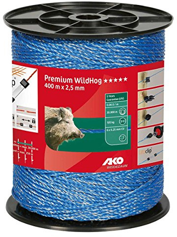 AKO Fencing Weidezaunlitze Premium WildHog, blau, 400m Länge, 3x0,25 Cu, 6x 0,20 SSW, speziell für die Wildabwehr entwickelte Litze