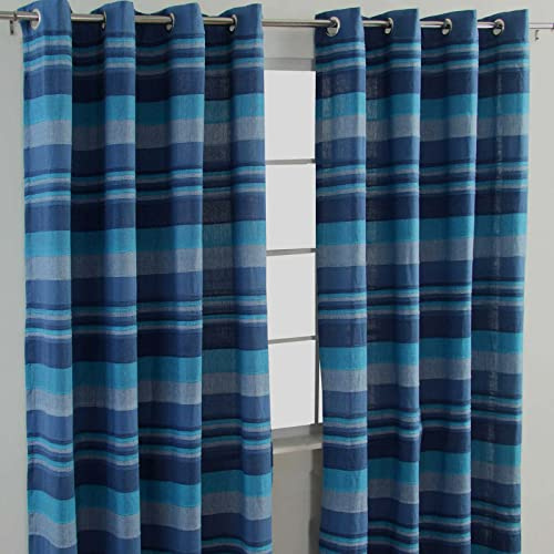 Homescapes Morocco Ösenvorhang 2er-Set, Vorhang blau gestreift 167x182 cm aus 100% Baumwolle, 2 handgewebte Vorhangschals, Streifen-Gardinen mit Ösen