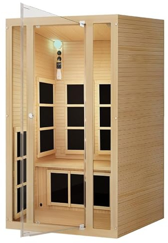 JNH Lifestyles Joyous 2-Person Low EMF FAR Infrared Sauna with Chromotherapy Light for Home Indoor Spa Use - 7 Carbon Fiber Heaters, Canadian Hemlock Wood