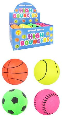 HENBRANDT 4 x Assorted Sports Pattern Hard Sponge Rubber Hi-Bounce Balls (Tennis, Basketball, Baseball & Football)