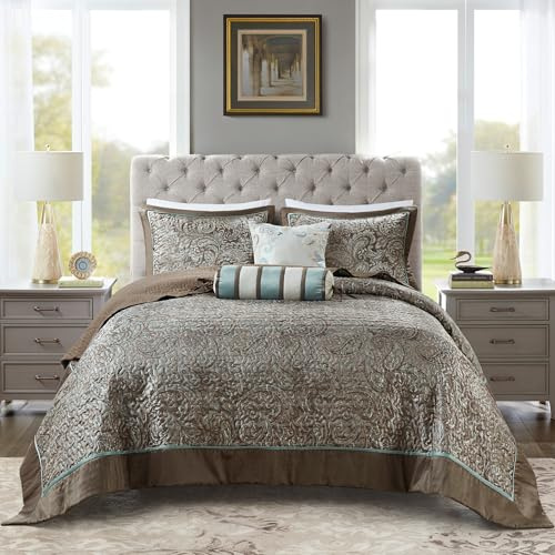 Madison Park Aubrey Reversible Quilted Bedspread Set, Solid Reverse Summer Breathable, Lightweight All Season Bedding Layer, Matching Shams, Bedspread King(120x118), Blue 5 Piece