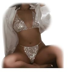 Cusmyre Women Rhinestone Bra Panties Sets Crystal Bikini Underwear Thong Body Chain Top Bra Sequin Brief Crop Top