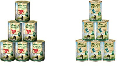 Dehner Best Nature Katzenfutter Adult, Rind und Pute, 6 x 400 g (2.4 kg) & Best Nature Katzenfutter Adult, Geflügelherzen und Kaninchen, 6 x 400 g (2.4 kg)
