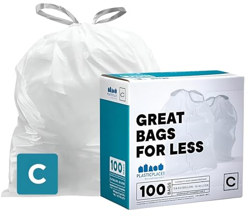 Plasticplace Simplehuman Müllbeutel mit Kordelzug, Code C, 10-12 Liter, Weiß, 100 Stück