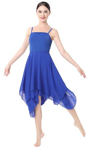 ODASDO Women Lyrical Dance Dress Ballet Modern Contemporary Dance Costume Spaghetti Straps Handerkerchief Hem Chiffon Flowy Skirt Ballroom Cha Cha Clothes Royal Blue XS