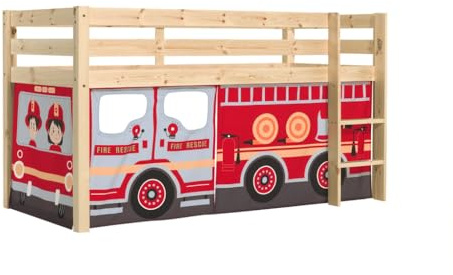 Vipack Bett mittelhoch, 90 x 200 cm, Lattenrost, inkl. Bezug Feuerwehrmann, Pino – Holz