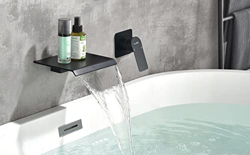 SHAMANDA Wandhalterung Badewannenarmatur, Wasserfall Römischer Wannenfüllhahn Einhandgriff Badezimmer Waschbecken Wasserhahn mit rauem Ventil und Verkleidungsset, mattschwarz, LW01-7