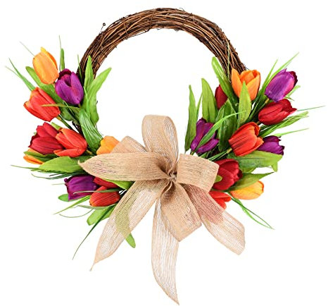 Baitang Artificial Assorted Tulip Wreath 40 CM Silk Tulip Wreath Half Coverage Spring Summer Wreath Welcome Wreath for Front Door with Green Leaves & Burlap Bow, 40 cm/15.7 inch