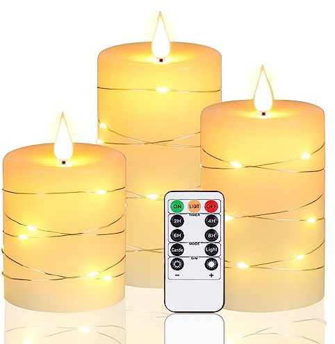 Upinmz Flickering Flameless Candles with Embedded String Lights, Battery Operated Candles with Remote Control and Timer,LED Candles for Home Decoration,Real Wax, 3 Pack Ivory