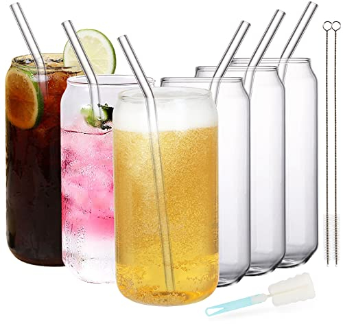 ZgoEC Juego de 6 Copas de Cerveza Cóctel, 550ML Vasos de Vidrio en Forma de Lata, Taza para Beber con Pajita, Grueso Vaso de Jugo Aptos para Lavavajillas, Vaso de Agua para Batidos Cola Café Helado