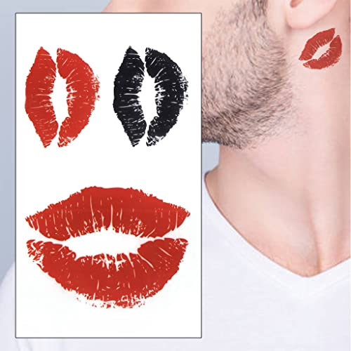 Lipstick Mark Kiss Stain Temporary Tattoo Set - Red Black Lips Realistic Waterproof Transfer Sticker Arm Body Art Men Women Kids - By Delusion Tattoos, 6cm x 10.5cm