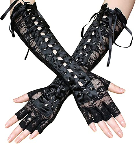 JKJF 1 Paar Lange Fingerlose Spitzenhandschuhe Schnüren Steam Punk Handschuhe Blumen Spitzenhandschuhe 80er Opera Fest Party Handschuhe für Halloween Maskerade Motto Party - Schwarz